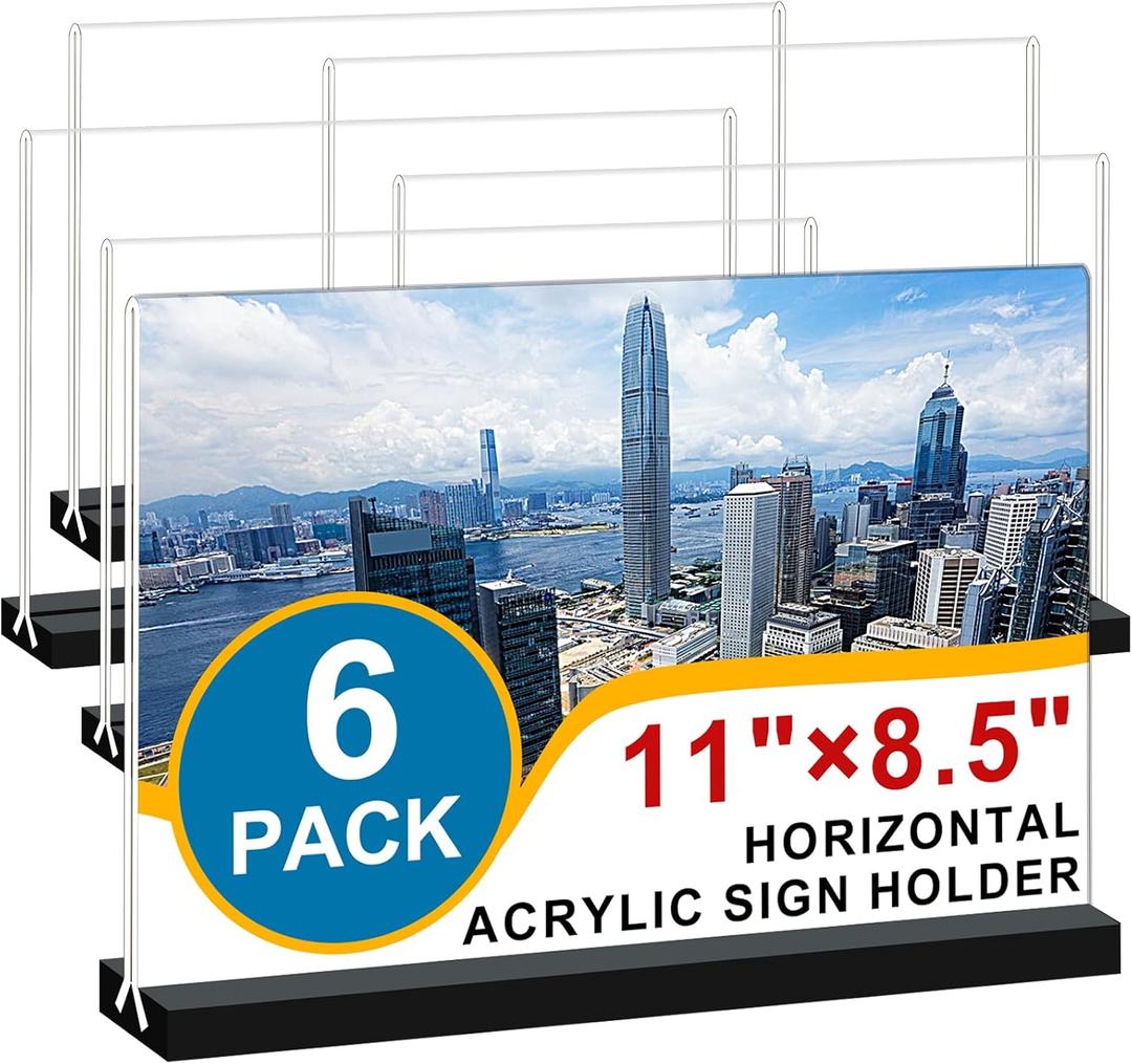 Acrylic Sign Holder 11x8.5 '' Horizontal T-Shaped Clear Double-Sided Table Menu Stands Plastic Picture Frames Display Desktop Display Holders for Wedding Table,Restaurant Signs,Office, Store,6 Pack