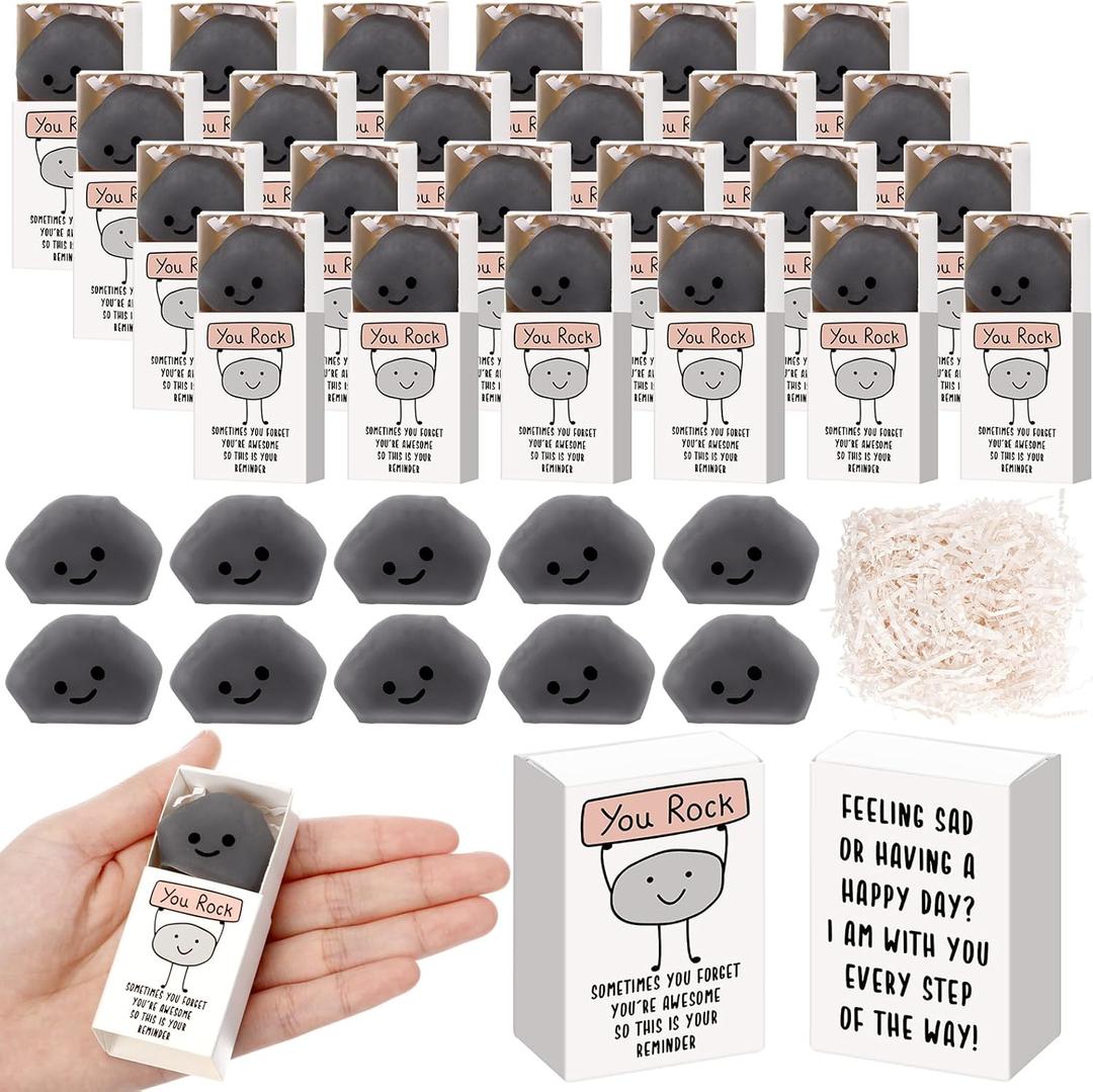 Wettarn 36 Sets You Rock Gifts Cute Stress Balls with Support Gift Boxes Inspirational Party Favors for Employee Coworker Friends Office You Rock Mini Positive Relief Figures
