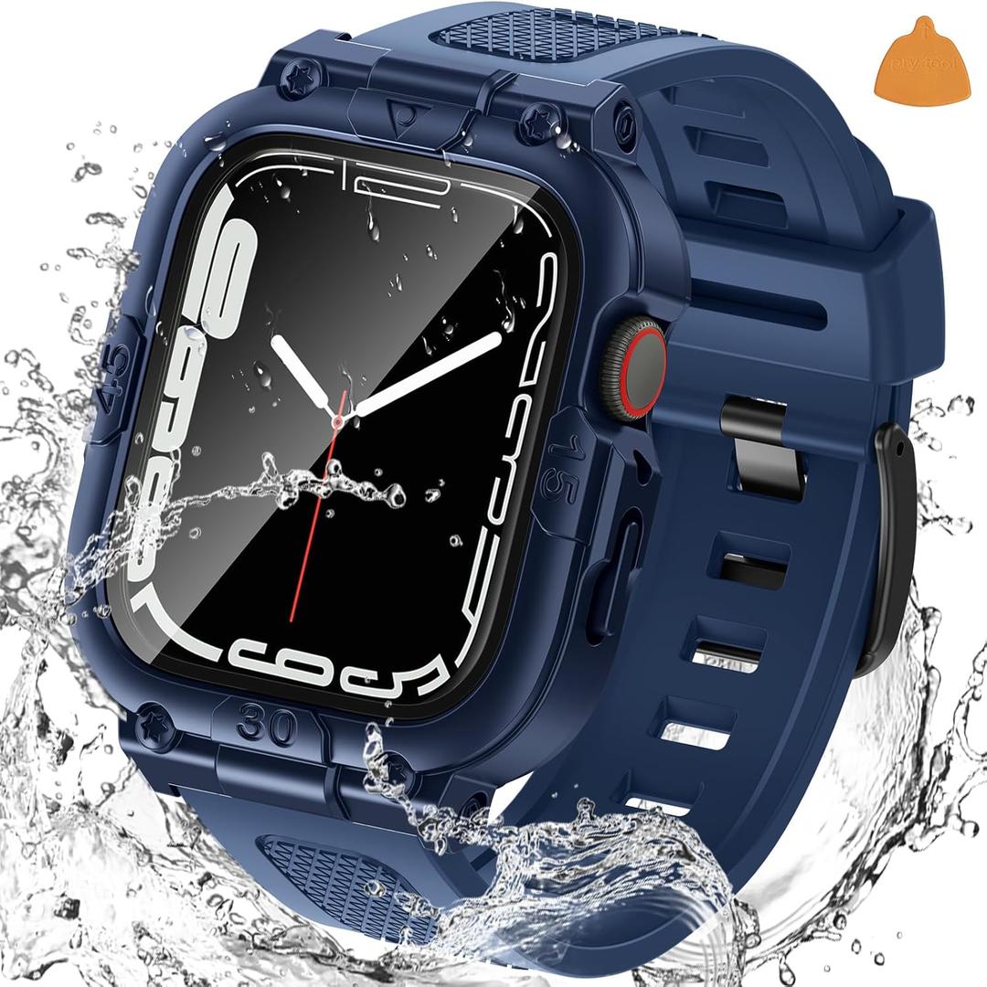 Goton 3 in 1 Waterproof Case with Band for Apple Watch with Built-in Tempered Glass Screen Protector 45mm, 360 Shockproof Bumper Face Cover with Band for Apple Watch Series 9/8/7, 45mm (Blue)