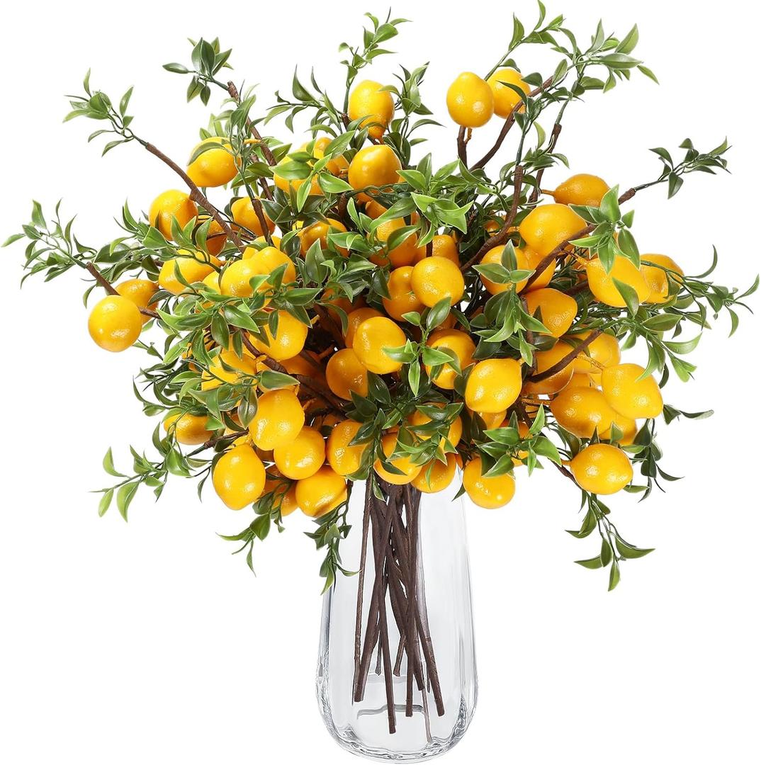 Giegxin 25 Pcs Artificial Lemon Decor 22.9 Inch Fake Lemons Branch Decoration Vivid Yellow Lemon Branches 5 Head Faux Lemons with Stem Lemon Decorations for Kitchen Table Vase Home Farmhouse Party