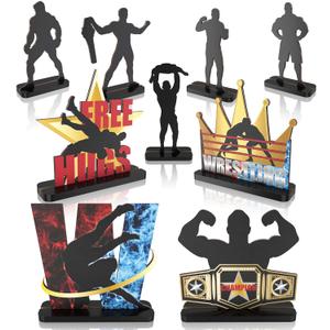 Wrestling Wooden Centerpieces for Boys Men Birthday Party Table Decorations Party Supplies 10th 20th 30th 40th 50th Home Bar Kitchen Tabletop Decor 9PCS (Black Red & Blue)
