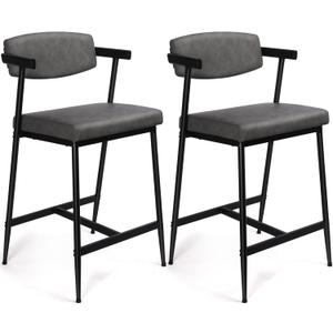 Bar Stools Set of 2, Counter Height Bar Stools with Back and Arms, 26" Counter Height Stools for Kitchen Counter, Upholstered Bar Chairs with Backrest, Modern Barstools for Kitchen Island, Grey (Grey & Black)