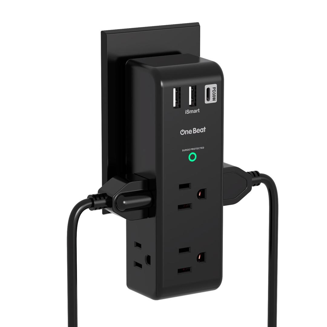 Surge Protector Outlet Extender, Rotating Plug, PD 30W, 6 AC Multi Plug Outlet with 3 USB Ports (2 USB C), 1800 Joules 3-Sided Swivel Power Strip with Spaced Outlet Splitter for Home Office Dorm - BK