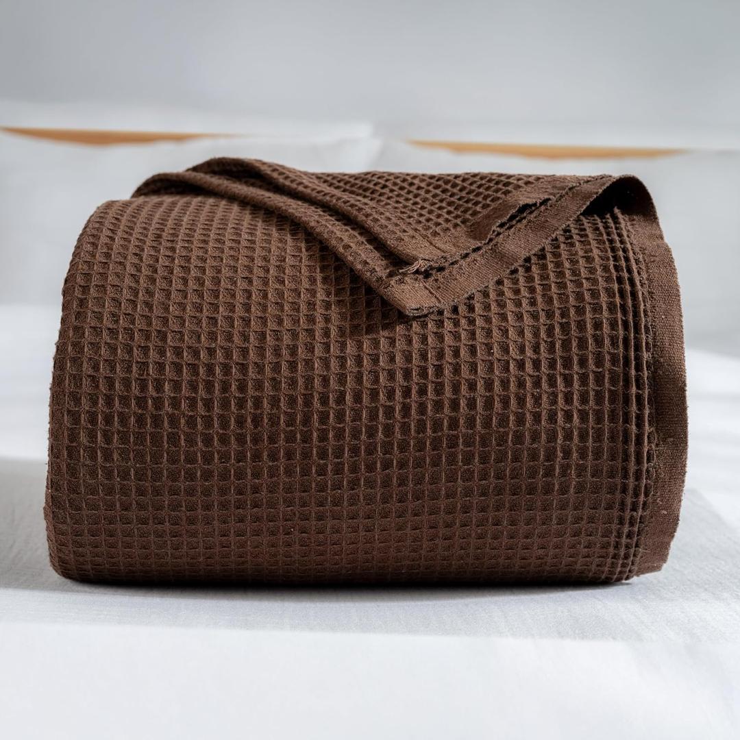 100% Turkish Cotton Waffle Blanket Queen - Cozy, Airy, Lightweight Summer Throw Blankets - Made in Turkiye, (Dark Brown Blanket, Queen Size 90" x 90")