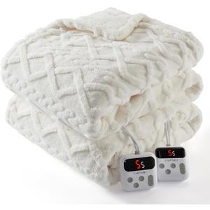 CAROMIO Electric Blanket Queen Size Dual Control - Thick Tufted Sherpa Heated Blanket Queen with 10 Heating Levels and 10 Time Settings, ETL Certified Fast Heating Blanket Queen Size 84"x90", White