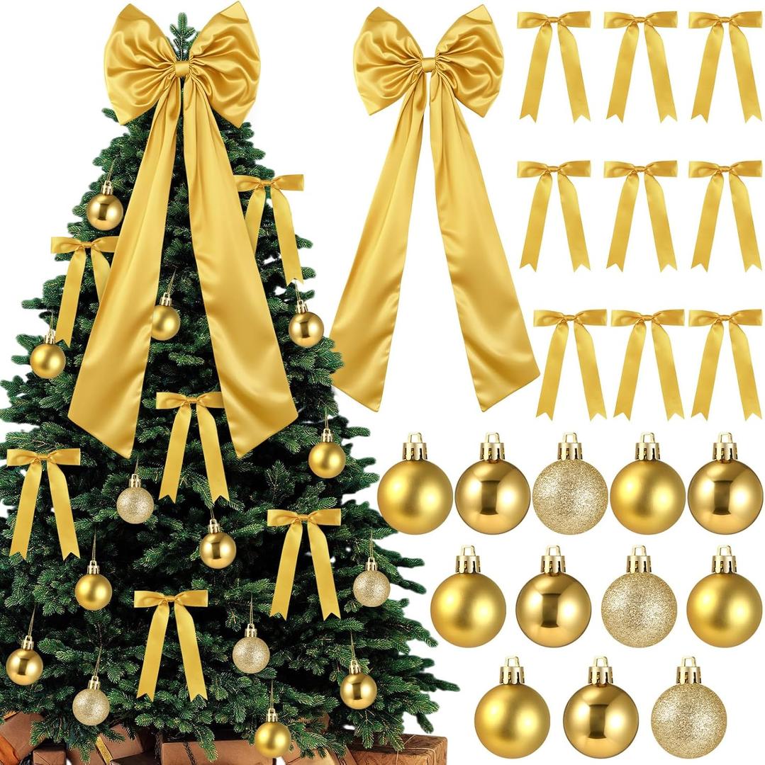 Gejoy Bow Christmas Tree Decoration Set, 30 Pcs Small Bows 1 Pcs 47" x 15.7" Large Tree Topper Satin Bows and 36 Christmas Balls Hanging Ornaments, Xmas Glitter Balls for Holiday Decor(Gold)