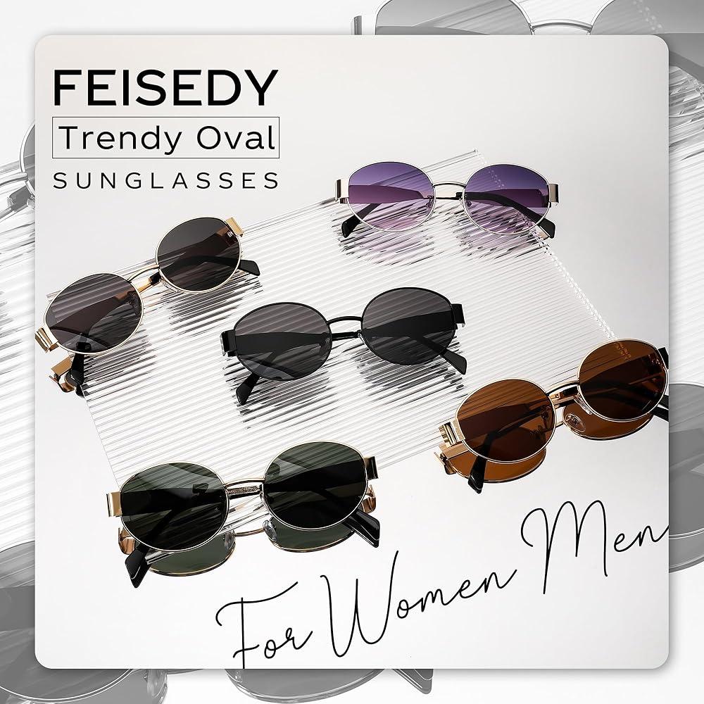 FEISEDY Trendy Retro Oval Sunglasses for Women Men Small Metal Frame Sun Glasses UV400 Shades B0124