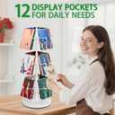 3 Tier Rotating Greeting Card Display Stand with 12 Pockets, Metal Greeting Card Rack for Stickers, Photocard, Brochures, Countertop Postcard Holder Display Stand for Home, Showcase, Retail (White)