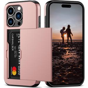 Nvollnoe Compatible with iPhone 15 Pro Case with Card Holder Heavy Duty Protective Dual Layer Shockproof Hidden Card Slot Slim Wallet Phone Cover for Women&Men 6.1 inch(Rose Gold)