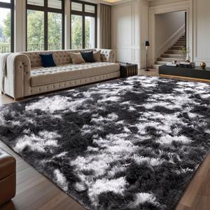 Sour Lemon 10x14 Area Rugs for Bedroom, Fluffy Rugs for Living Room, Large Area Rug Shag Shaggy Carpet Soft Plush Furry Bedside Rug, Machine Washable Area Rugs for Kids Girls Boys Home Decor Anti Slip (Black White Grey)