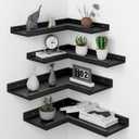 4-Tier L-Shaped Pine Wood Wall Shelf - Floating Corner Shelves with Lip, Black, Modern, Living Room, Bedroom, Bathroom Storage