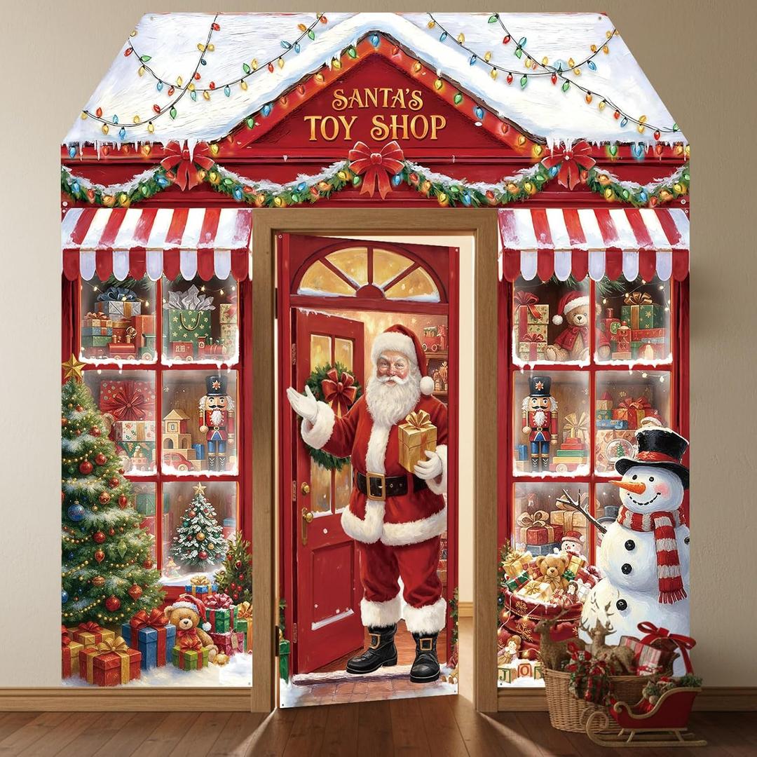 4 Pcs Christmas Santa's Toy Shop Door Decorations Christmas Door Cover Santa Claus Toy Shop Porch Banners Backdrop Xmas Hanging Banner for Winter Holiday Classroom Party Decor