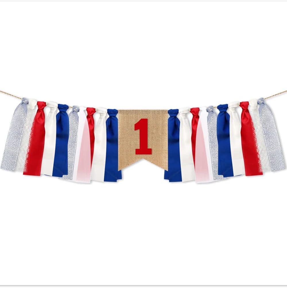 Baby Birthday Decoration 1st Birthday High Chair Banner Independence Day Patriotic Decorations American Burlap Banner Theme Party Supplies(Blue&Red)