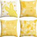 AVOIN colorlife Happy Easter Hunny Bunny Yellow Throw Pillow Covers, 18 x 18 Inch Bless Our Home Flowers Cushion Case Decoration for Sofa Couch Set of 4