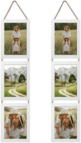 Lavezee 5x7 White Hanging Collage Picture Frames Set of 2, 6 Opening Vertical Frame Made to Display 5 by 7 Inch Photo for Wall Decor