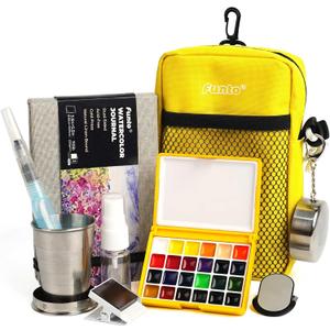 Funto Mini Watercolor Paint Set, All-in-One 24-Color Travel Paint Kit, with Crossbody Bag, Watercolor Journal, Paint Water Cup, Pocket Set for Artists