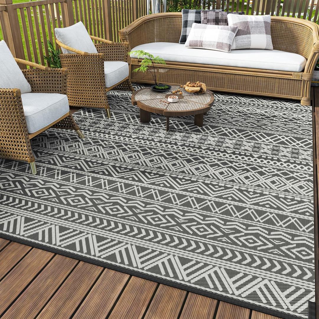 MontVoo-Outdoor Rug Waterproof 6x9 ft Outdoor Carpet Patio Rug Mat Reversible RV Camping Rug-Plastic Straw Rug Outside Outdoor Area Rug for Patio Deck Balcony Backyard Picnic Beach -Boho Grey