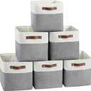 FinishingBo Cube Storage Baskets 6 Pack, 11x11 inch Cube Storage Bins with Leather Handles for Shelf Closet (White/ Gray)