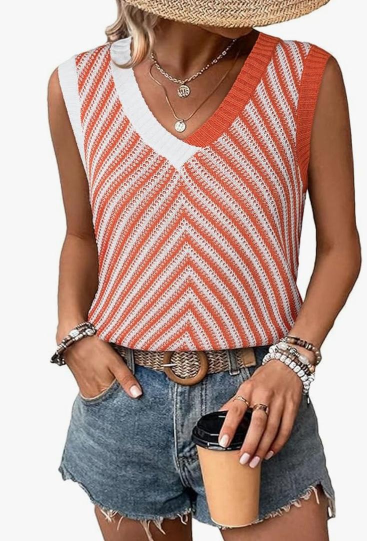 SHEWIN Tank Tops for Women 2025 Casual Sleeveless Shirts Knit Sweater Vest V Neck Summer Tops size XL