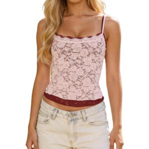 Women Y2k Lace Trim Camisole Spaghetti Strap Square Neck Sleeveless Slim Fitted Basics Going Out Tank Tops Shirts (Large, Pink)