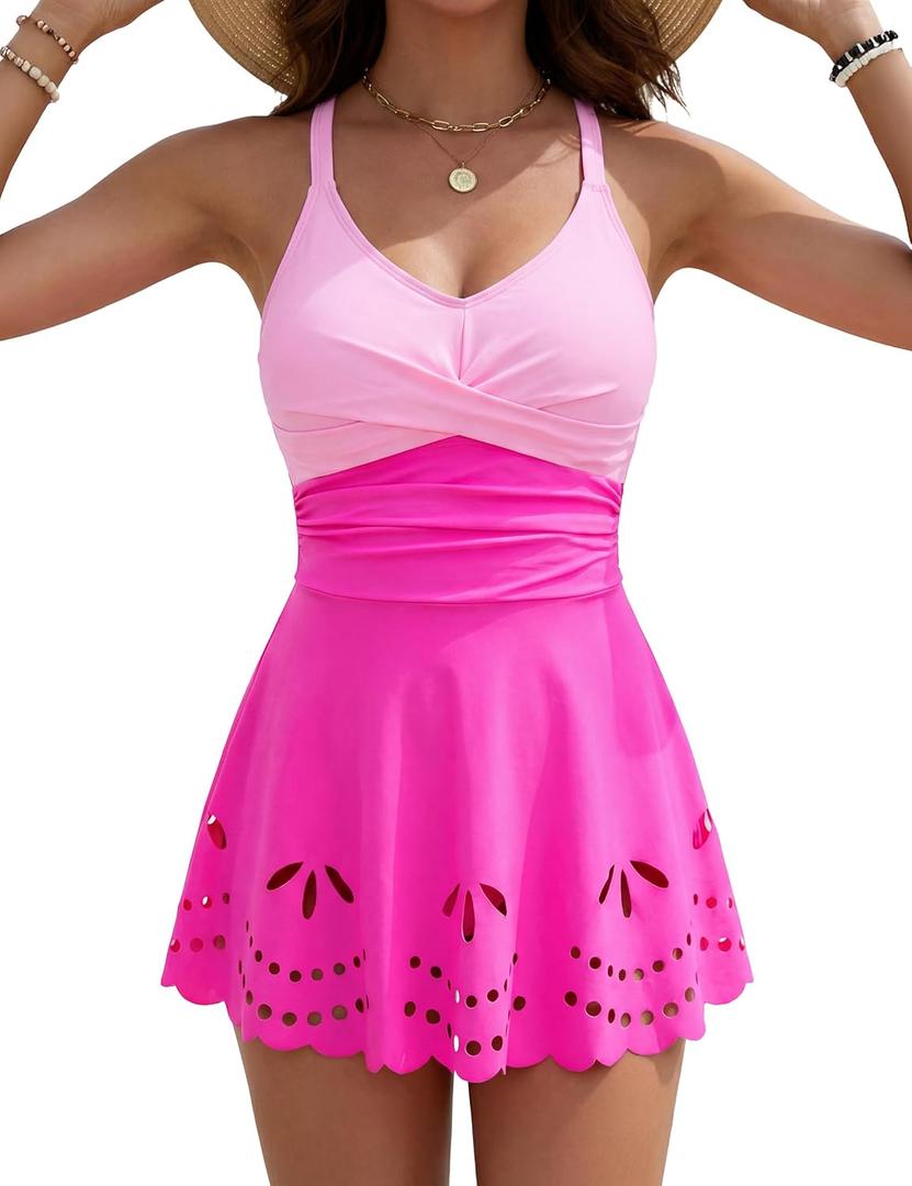 Womens Tankini Swimsuits Tummy Control Bathing Suit Twist Front Cutout Swim Dress with Bikini Bottoms (Large, Pink/Hot Pink)