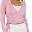 Women Ballet Pilates Wrap Tops Long Sleeve Tie Front Crop Shirts Y2K Dance Workout Yoga Going Out Tops (Pink, M)