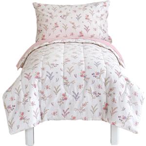Joyreap 4 Piece Cotton Toddler Bedding Set for Girls, Flowers n Leaves Pink Design, Soft Breathable Cotton Toddler Comforter Set, Includes Quilted Comforter, Fitted Sheet, Top Sheet, and Pillow Case, Standard Toddler Size