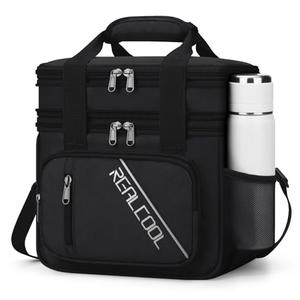 RealCool Lunch Bag, Insulated Lunch Box for Men Women, Double Deck Leakproof Soft Cooler Bag with Adjustable Strap, Reusable Lunchbox for Work, Travel, Camping (Black) 10.63"D x 8.66"W x 7.48"H