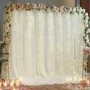 10x10ft Ivory Tulle Backdrop Curtain with Lights String for Parites, Sheer Backdrop Curtains for Wedding Baby Shower Birthday Party Photo Shoot Decorations (10ft x 10ft(2 Panels 5*10ft))