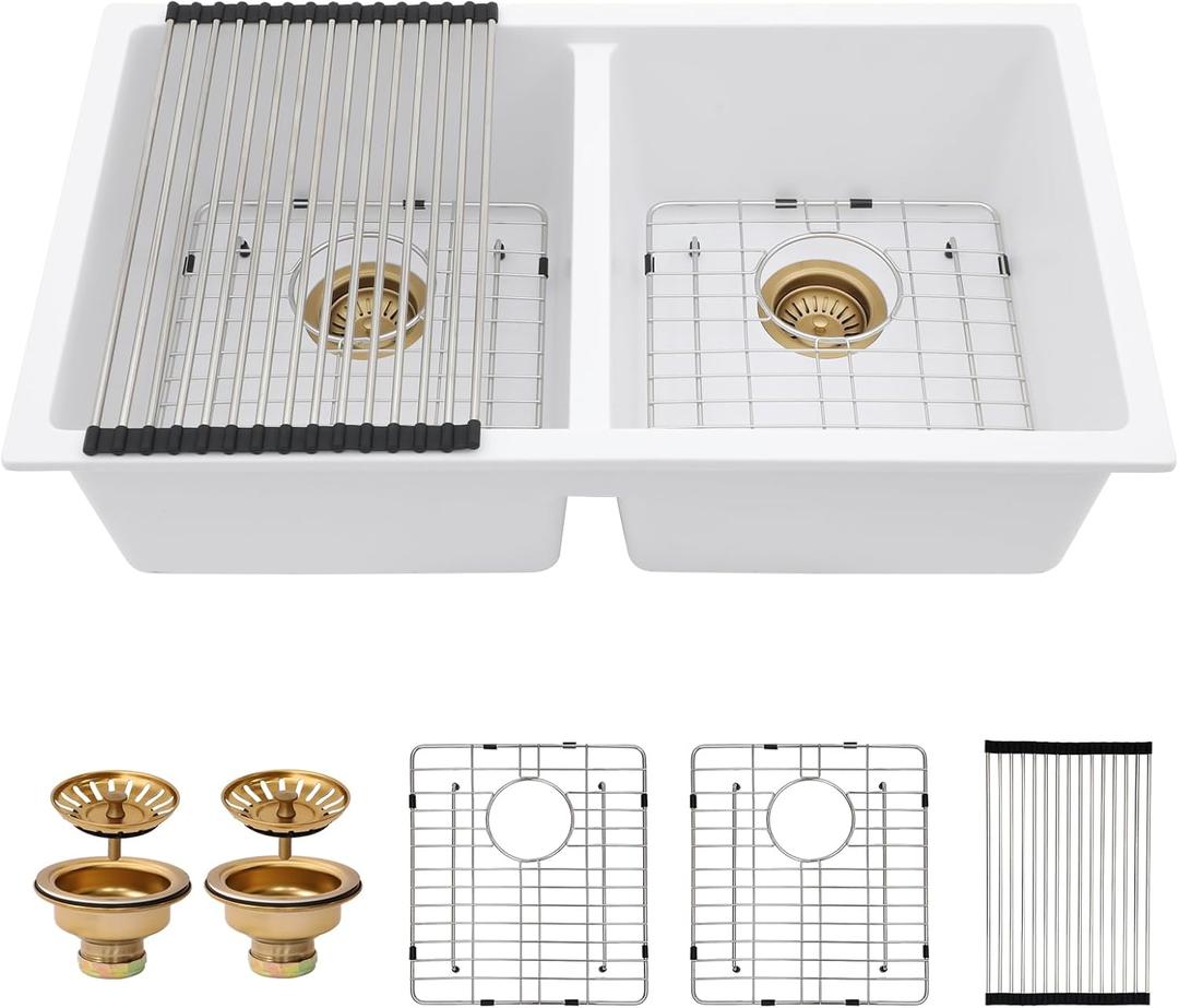 33 Granite Composite Kitchen Sink - Couoko 33x19 Inch Undermount Granite Kitchen Sink White Quartz Sink Under Counter Double Bowl Sink Basin 50/50