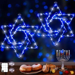 Meonum 2 Pack Hanukkah Decorations Window Lights, 8 Modes Blue White Chanukah LED Silhouette Lights Battery Operated with Timer for Jews Judaism Synagogue Passover Hanukkah Party Decor(Star of David)