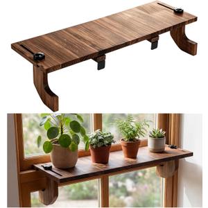 1 Pcs Brown Window Sill Plant Shelf for Plants 21.7 x 7.1 x 5.9 Inch Windowsill Extender Window Plant Floating Shelves No Drilling Wooden Bracket for Cat Perch Planters (Right Angle)