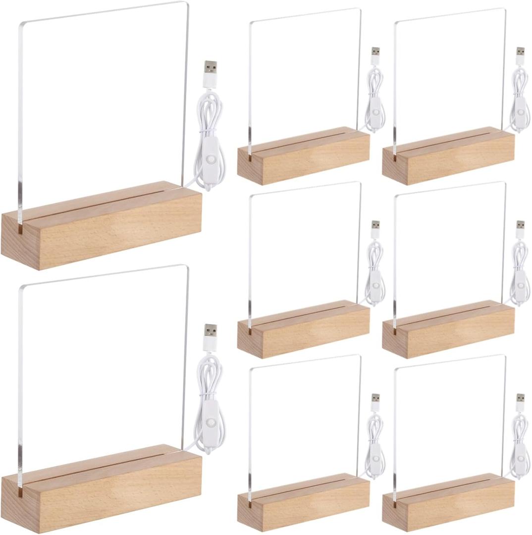 Lnrueg Wooden Acrylic Light Base and Blanks (8) - 7'' USB Cables, Transparent Night Lights