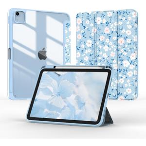 Case for iPad Air 11 Inch M4/M3/M2 2026/2025/2024, iPad Air 5th/4th Generation 10.9" 2022/2020, Tri-Fold Folio Auto Wake/Sleep Cover with Clear Back/Pencil Holder (Floral Blue)