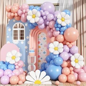 Daisy Flower Balloon Arch Kit, 168Pcs Blue Peach Balloon Garland Arch Kit for Wild Flower Baby in Bloom Baby Shower Spring Daisy Theme Girls' Birthday, Puppy-Themed Party Supplies, Dog Party