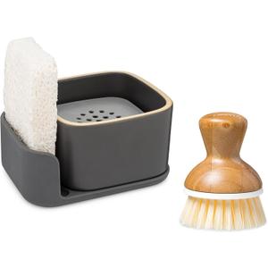 Full Circle Bubble Up Combo  Family Safe, Formaldehyde-Free  Gray Ceramic Soap Dish with Plant-Based Sponge & Bamboo Dish Brush  Versatile Kitchen Scrub Brush Set for Pots, Pans, Counter & Ovens