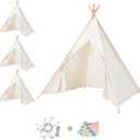 Sumbababy 4 Pack Teepee Tent for Kids Indoor Play Tent with Lights & Colorful Flags, Natural Canvas Sleepover Tents for Girls Party Washable & Foldable Slumber Party Tents