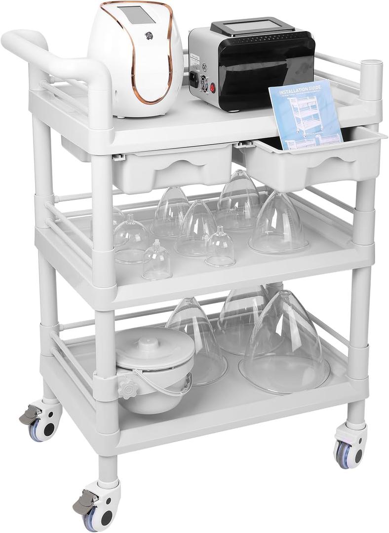 Beauty Trolley Cart with Wheels, Esthetician Cart with Handrail, Bucket and 2 Big Drawer, 3 Tier Heavy Duty Vacuum Therapy Machine Trolley, Load 330lbs, 360 Rotate Silent Wheels