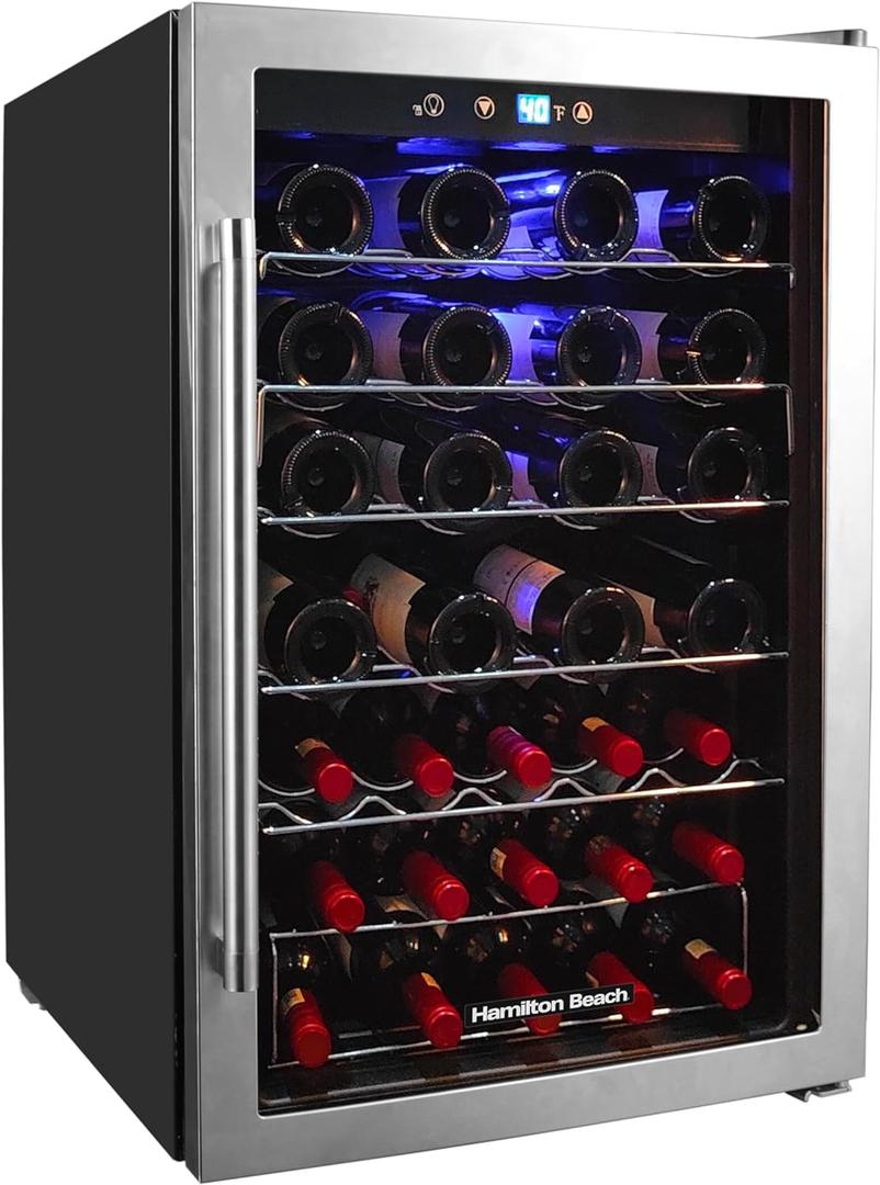 Hamilton Beach HBWF4303, 43-Bottle Cooler Fridge Cellar with Curved Wire Shelves, Digital Control, Mirror Finish