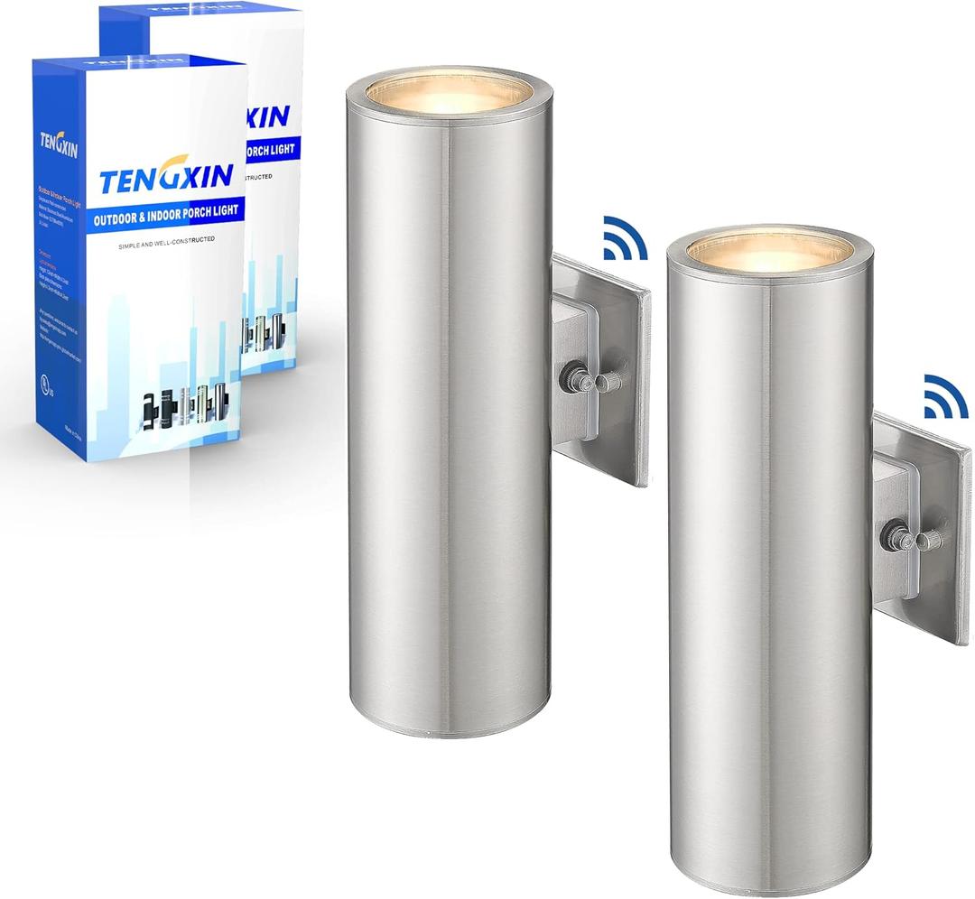 TENGXIN 2 Pack Outdoor Wall Lights Dusk to Dawn, Stainless Steel Wall Sconce,Exterior Lighting Fixtures Waterproof Modern Porch Light with Auto Sensor,Brushed Nickel