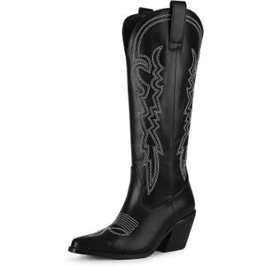 IDIFU IN3 Cowboy Boots for Women Cowgirl Knee High Western Embroidered Booties Side Zipper Low Block Chunky Heel Pull on Pointed Toe Tall Booties Comfy Dress Long Boots