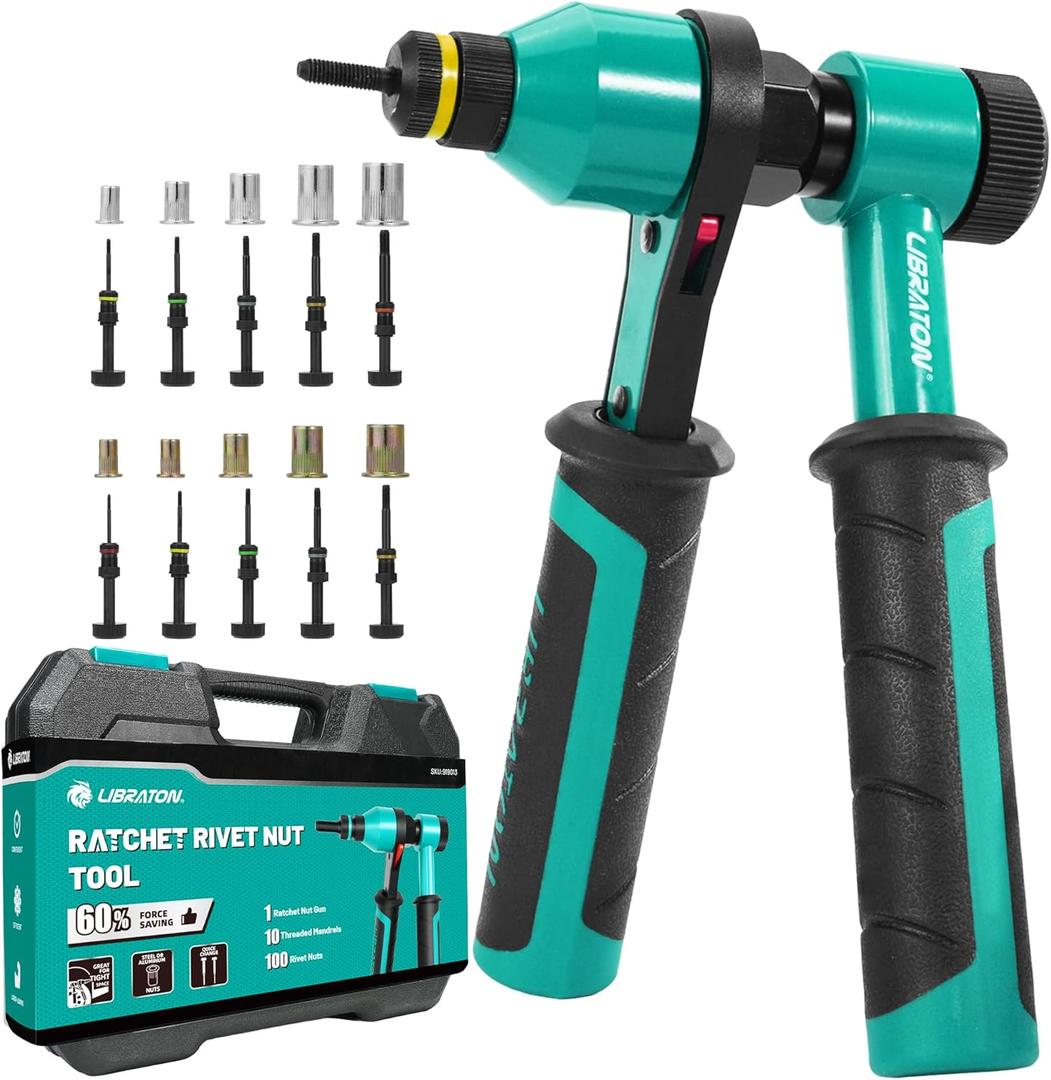 LIBRATON Rivet Nut Tool, Rivnut Tool, Professional Ratchet Nutsert Tool Kit, Nutsert Gun Kit with 10 SAE and Metric Mandrels, 100PCS Rivet Nuts, Rugged Carry Case, Insert Tool Kit for Automotive