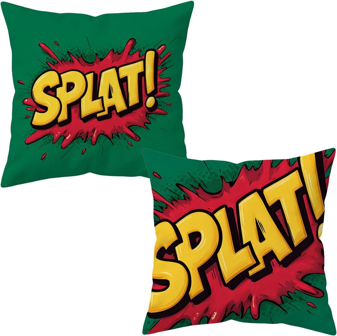 Comic Splat! Throw Pillow Covers 18x18 Inch Set of 2, Pop Art Decorative Linen Cushion Covers, Double-Sided Print Cartoon Style Square Pillowcases for Sofa Couch Living Room Decor Comic Splat! Throw Pillow Covers 18x18 Inch Set of 2, Pop Art Decorative Linen Cushion Covers, Double-Sided Print Cartoon Style Square Pillowcases for Sofa Couch Living Room Decor