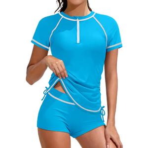 Girls Swimsuit Rash Guard Bathing Suit for Girls 2 Piece Short Sleeve Solid Color UPF 50+ Padded Zip Swimwear 7-18y (9-10 Years, Light Blue)