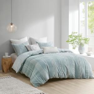 INK+IVY 100% Cotton Comforter Set Trendy Stripe Textured Design, Modern Down Alternative, All Season Cozy Bedding with Matching Shams, Full/Queen, Aqua Reversable Stripes