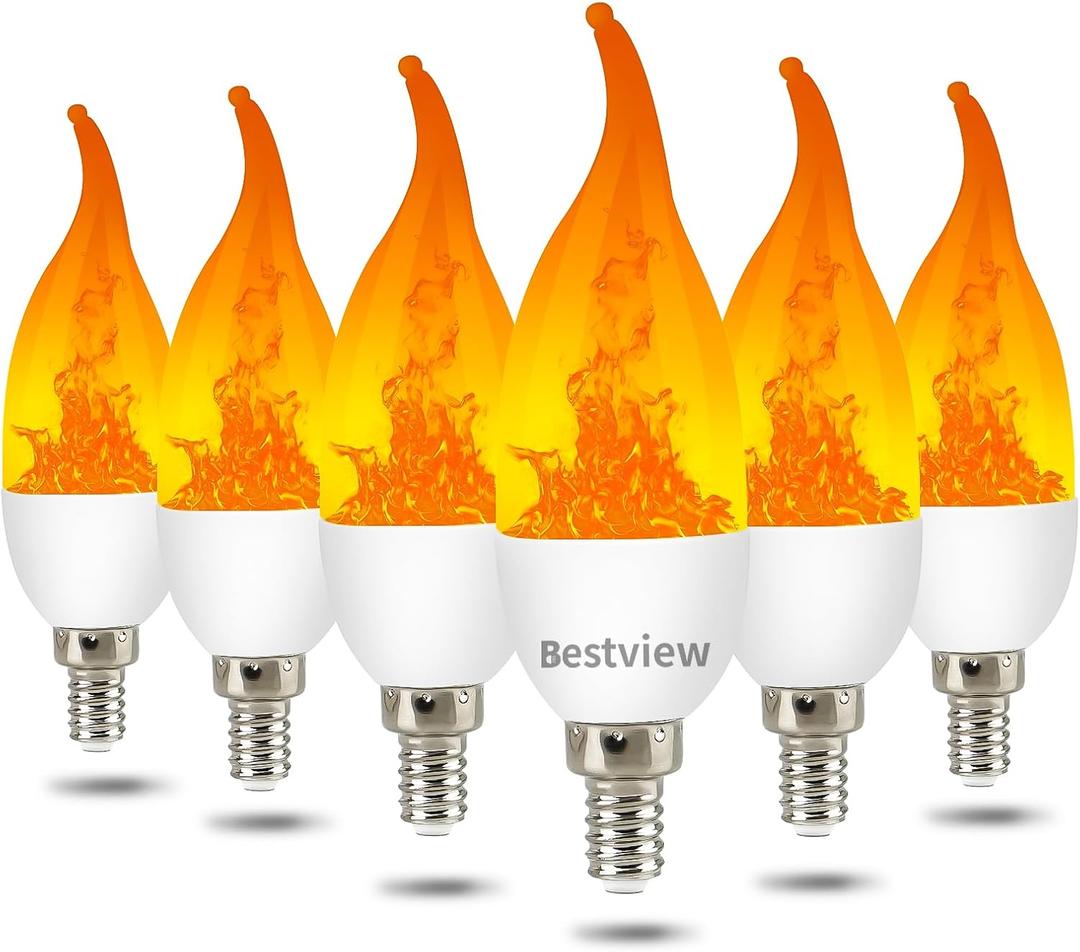 Bestview LED Flame Effect Light Bulbs,3 Modes Flickering Light Bulbs, Smart E12 Chandelier Base Candle Fire Light Bulb for Halloween, Christmas,Party, Porch Indoor&Outdoor Home Decoration -6 Pack