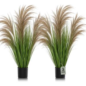 Jexine 2 Pcs Pampas Grass Potted Plants 3 ft Tall Artificial Grass Potted Artificial Greenery Floor Plants Tall in Pot for Housewarming Gift House Garden Bathroom Lobby Outdoor Decoration (Greeny)