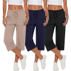 Neer 3 Pack Women's Capri Pants, Wide Leg Basic Sweatpants Lounge Loose Fit Casual Drawstring Yoga Capris with Pockets,Small