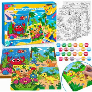 4 Pack Paint by Numbers for Kids Ages 6-8 8-12, Pre-Drawn Canvas Painting Kit with 12 Acrylic Paints & 8 Brushes, DIY Canvas Art Kits for Kids Painting Activities, Classroom Crafts, Wall Decor