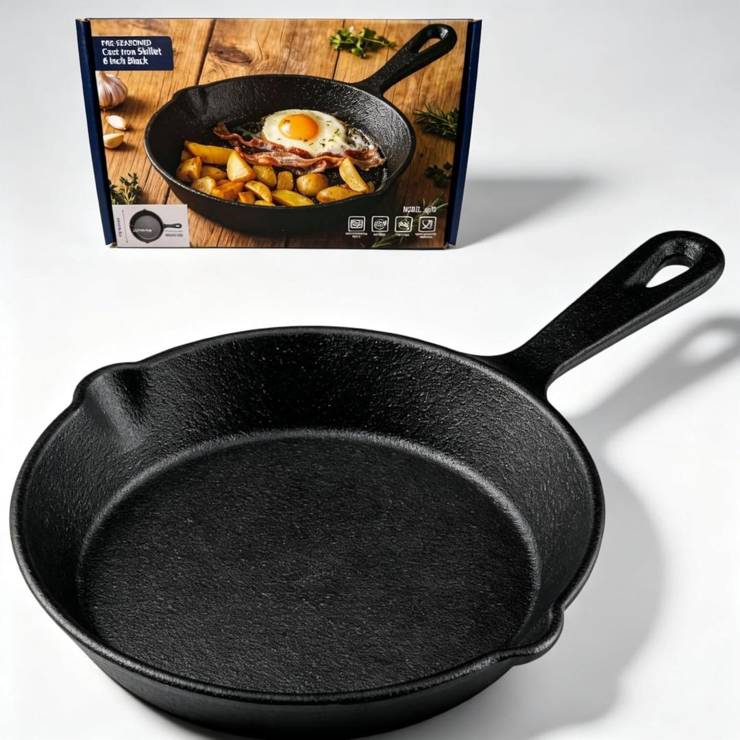 Pre-Seasoned Cast Iron Skillet, Black, 6 Inch Mini Frying Pan with Handle